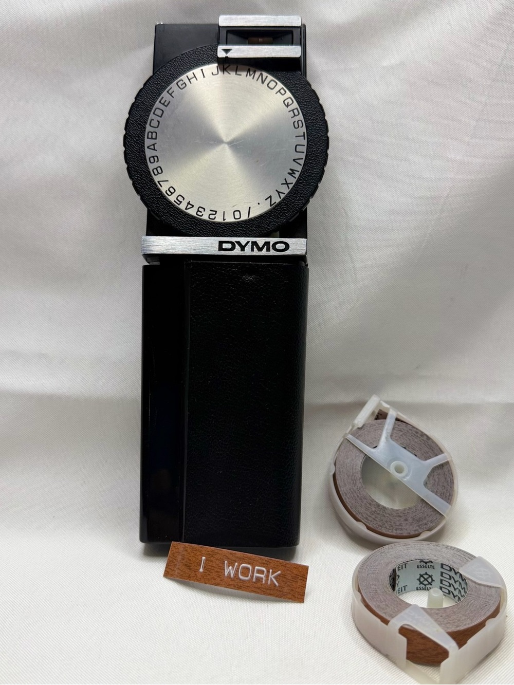 Vintage DYMO Tapewriter Embossing Label Maker + 2 Woodgrain Tape Rolls